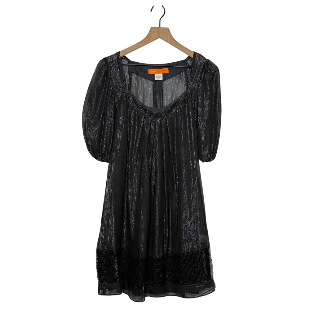 Cynthia Steffe Silk Blend Mini Dress Womens Size 0 Black Sequin Metallic Peasant
